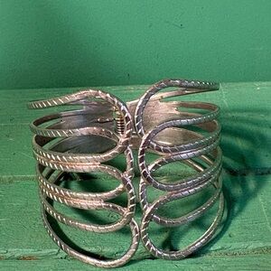 Vintage Art Deco Textured Silver Openwork Cuff Bracelet with Hinge